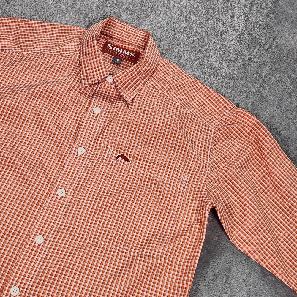 Simms Shirt Mens Small Orange Check Long Sleeve Button Up Fishing Outdoor Casual